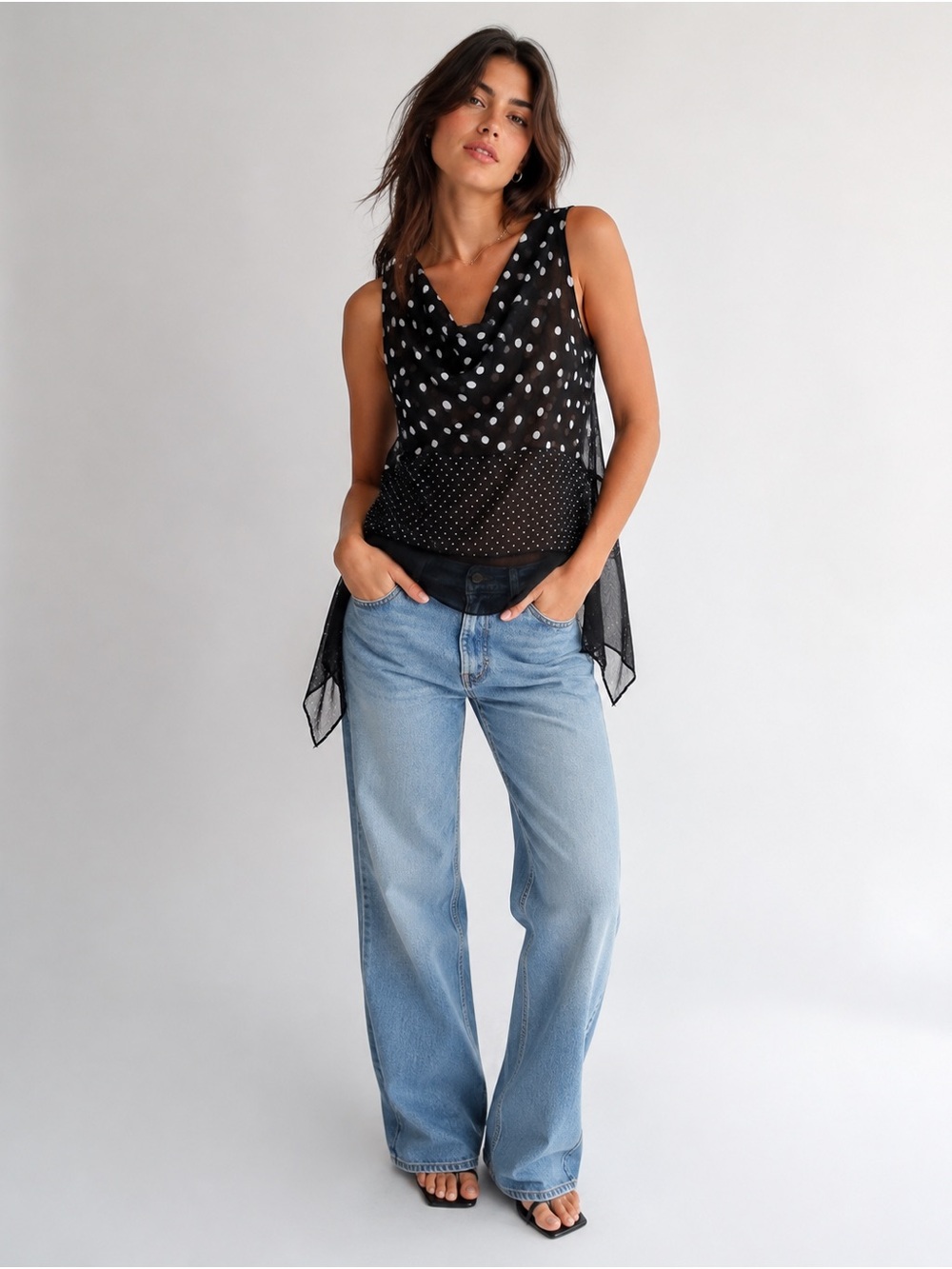 Coco Bianco Sheer Polka Dot Cowl Neck Asymmetrical Top – M/L